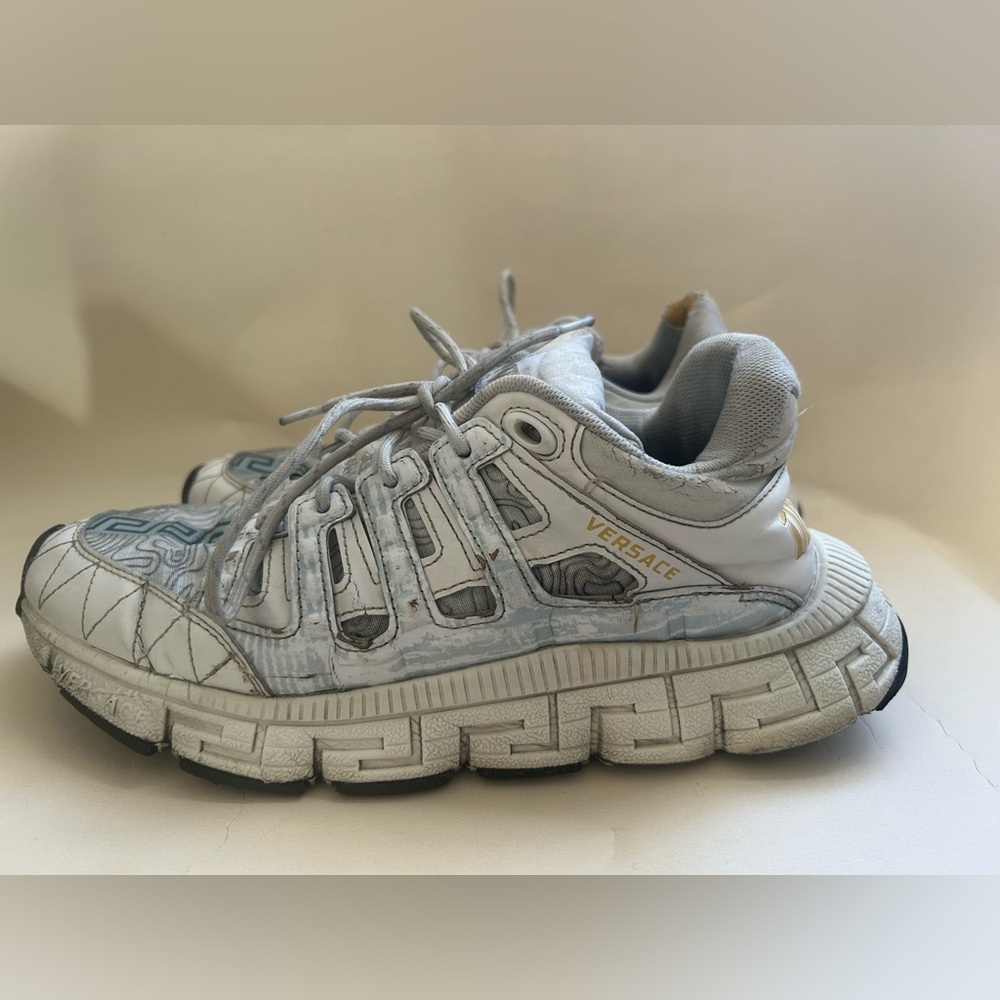 Versace White and Gray Men's Runner Sneakers with Gold Accents